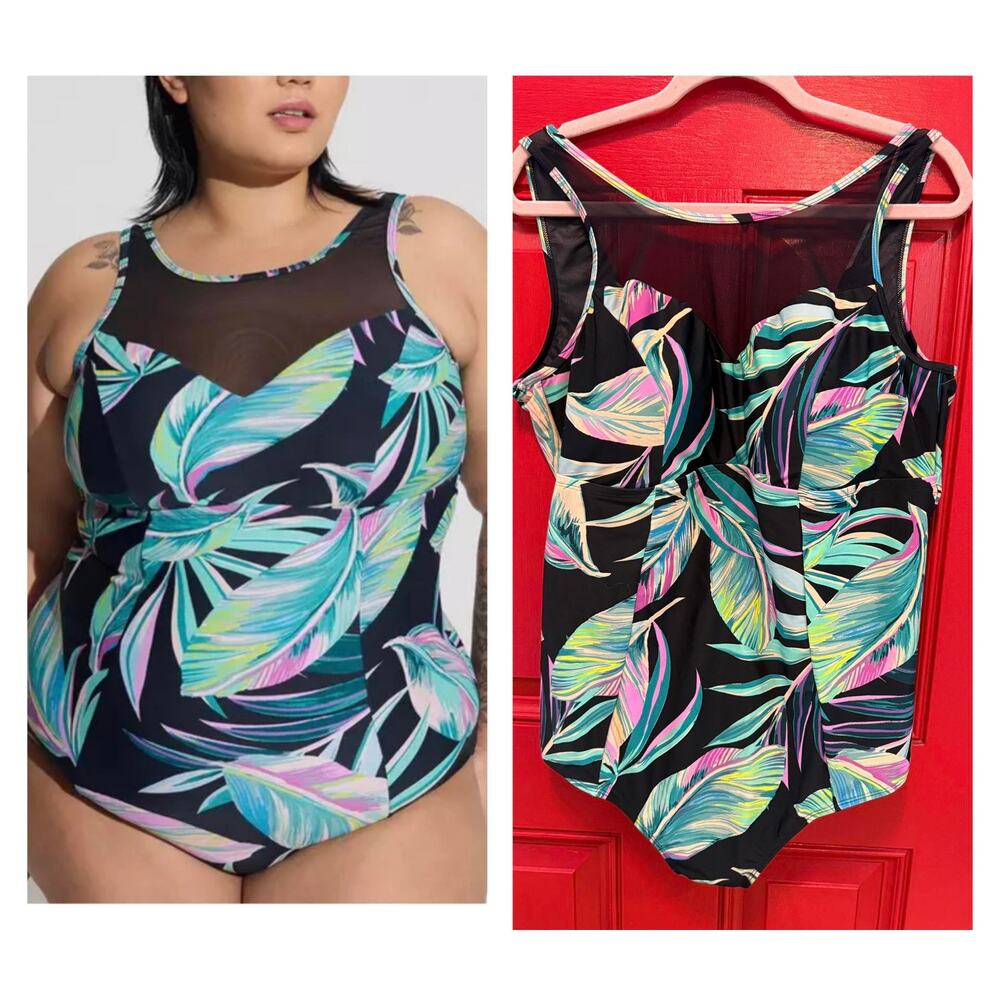 Torrid Plus Size 1 Wireless One Piece Tropical High Neck‎ Mesh Trim Swimsuit New